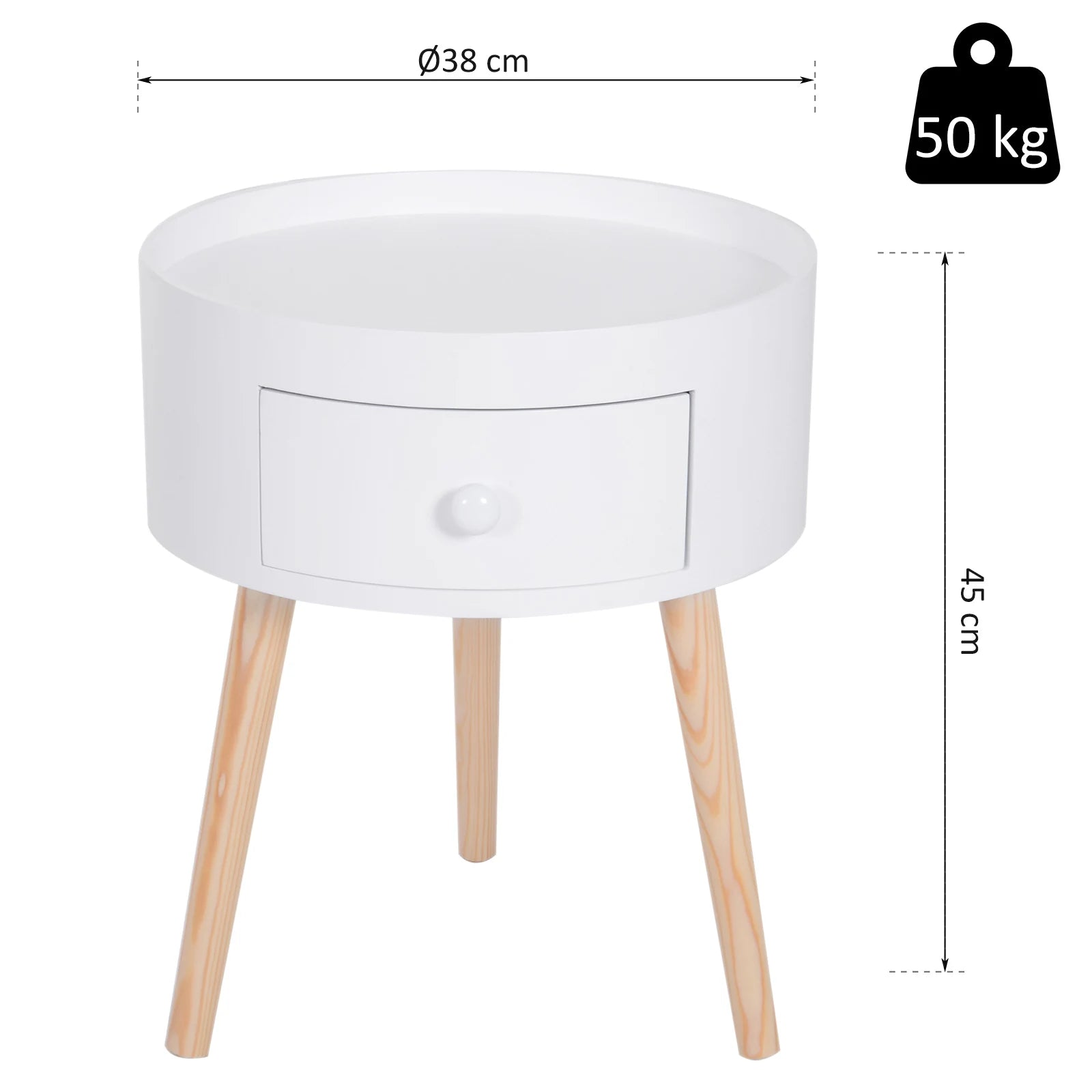 Table de chevet ronde étroite 38X45Cm Blanc -