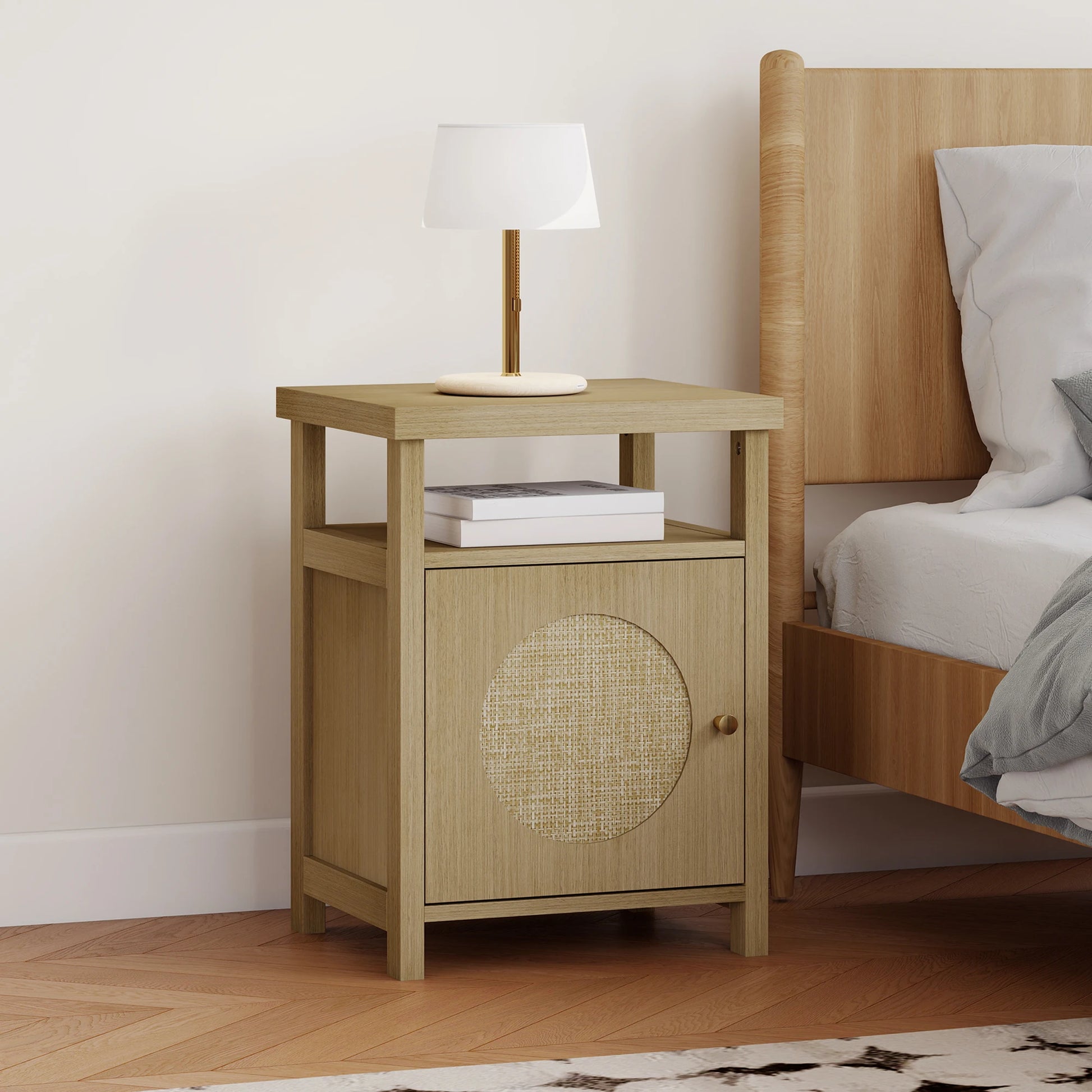 Table de nuit avec porte en rotin et étagère ouverte - 40X35X55 cm -