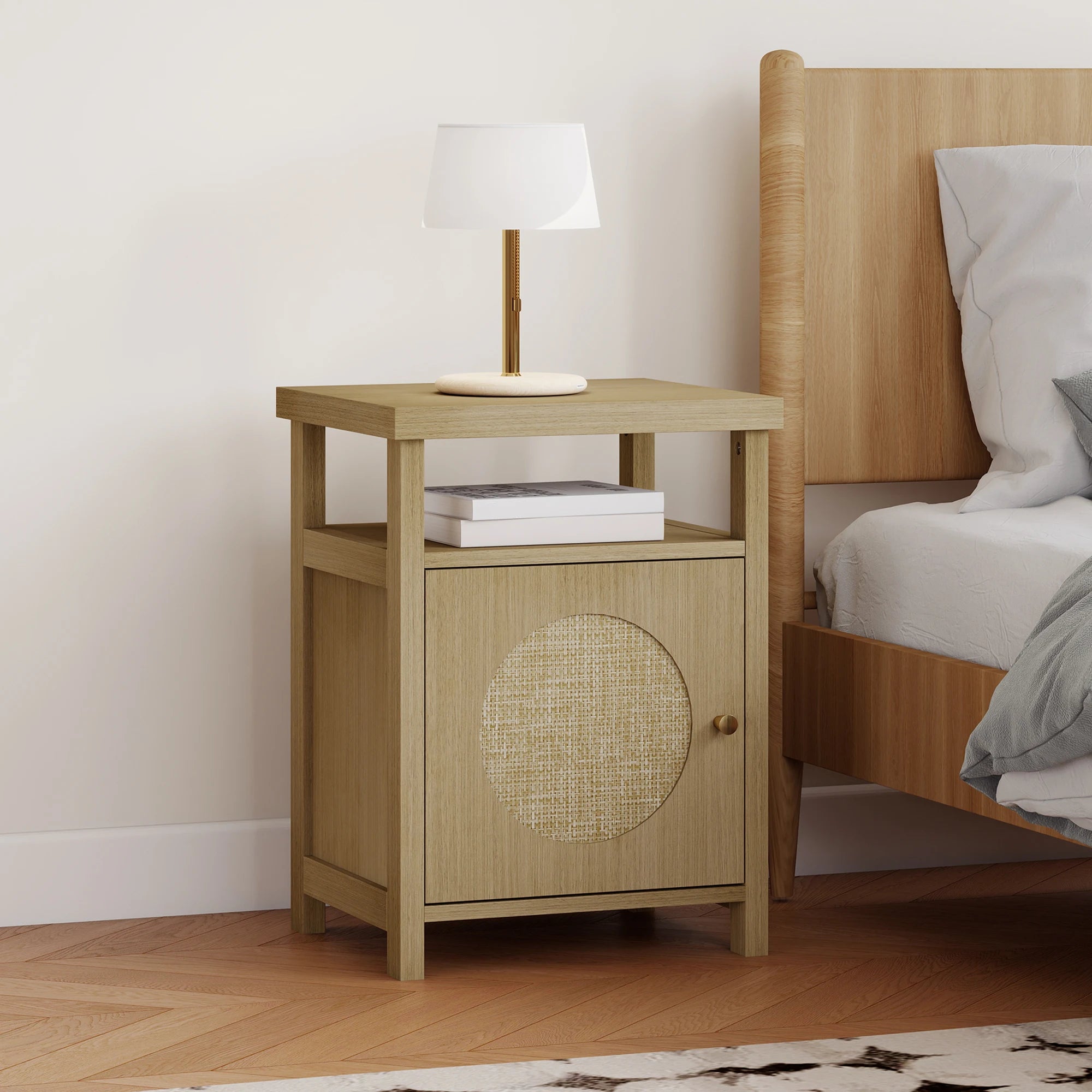 Table de nuit avec porte en rotin et étagère ouverte - 40X35X55 cm -