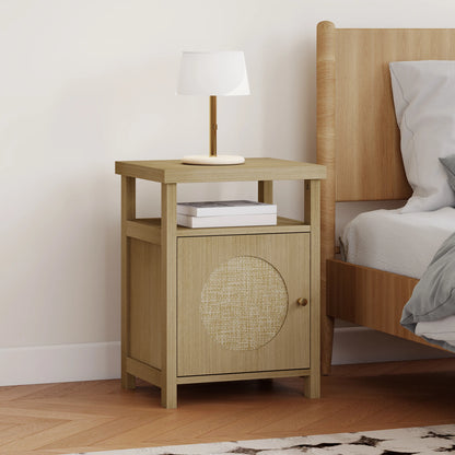 Table de nuit avec porte en rotin et étagère ouverte - 40X35X55 cm -