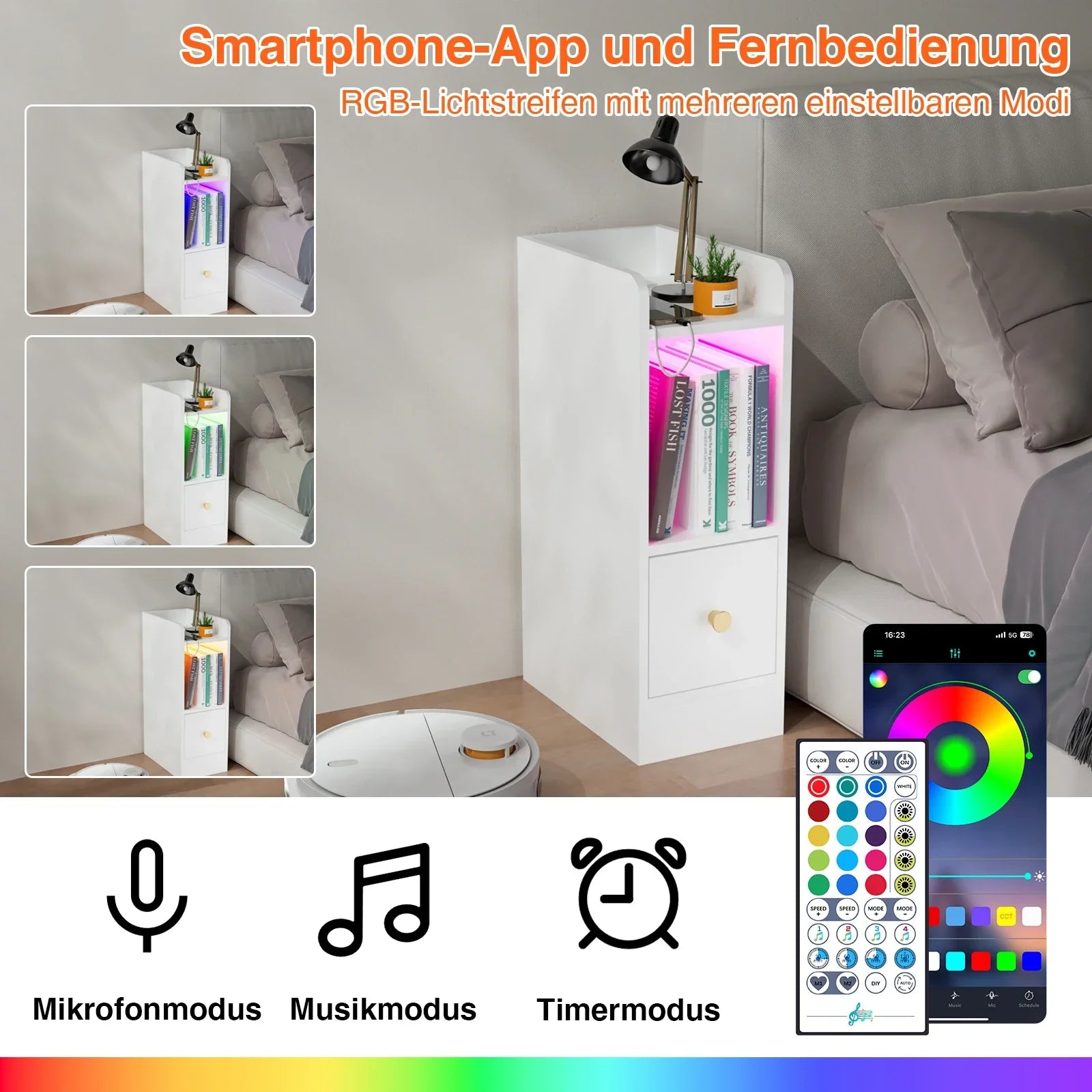 Table de chevet originale pas cher étroite avec LED -