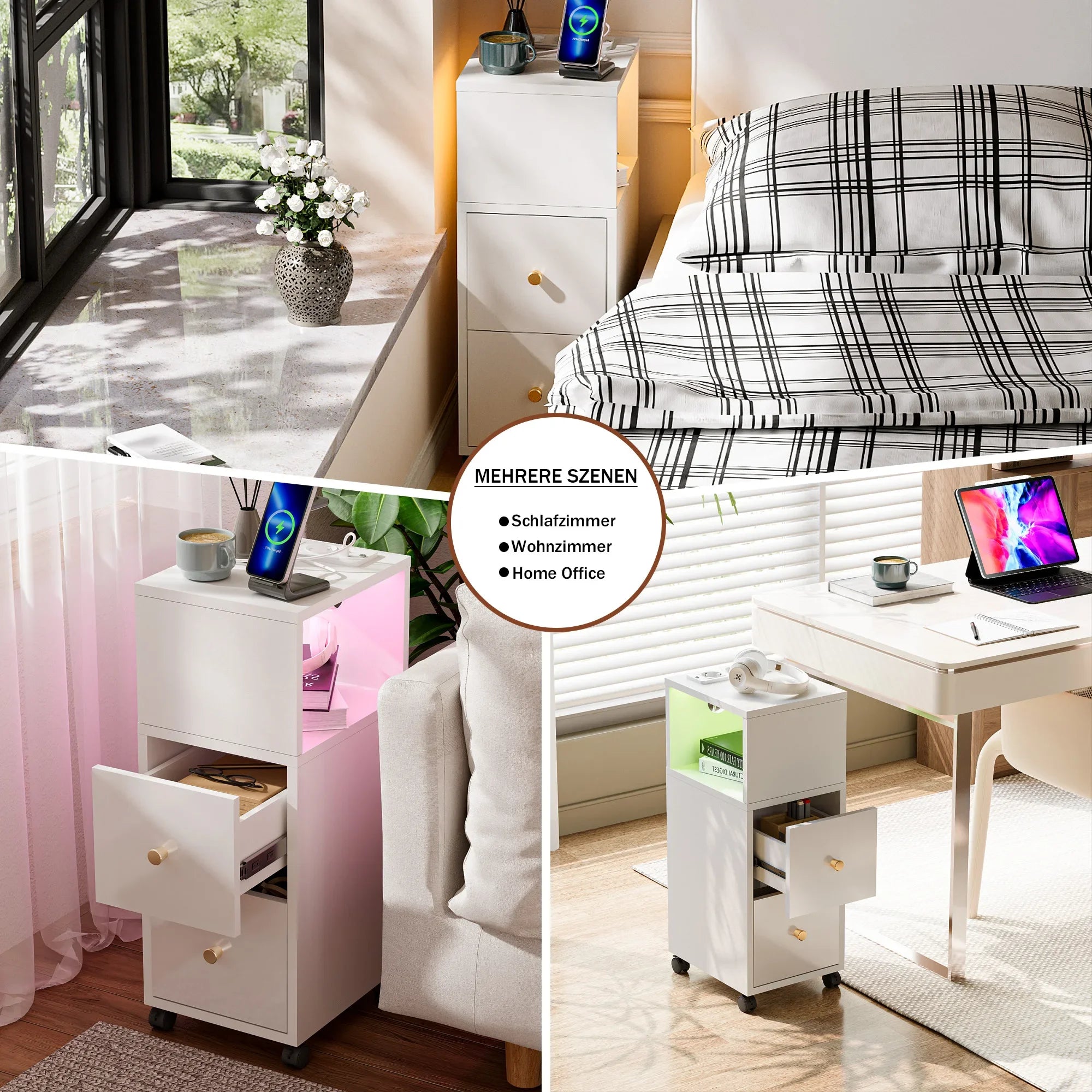 Table de chevet connecté avec station de charge et bande lumineuse Bluetooth -