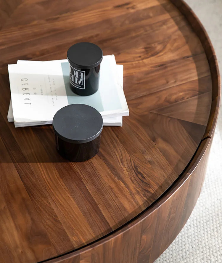 Table basse bois flottant ronde avec tiroirs sur le coté -