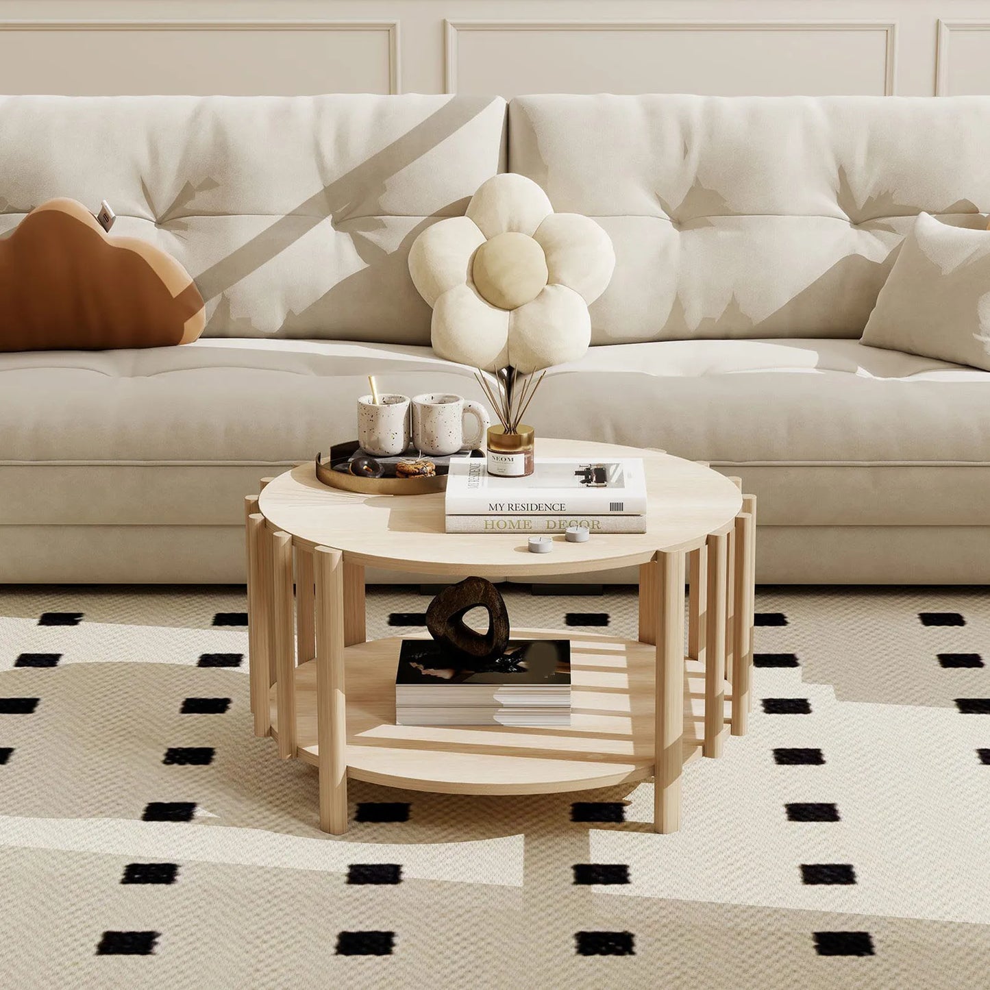 Table basse ronde avec rangement minimaliste -