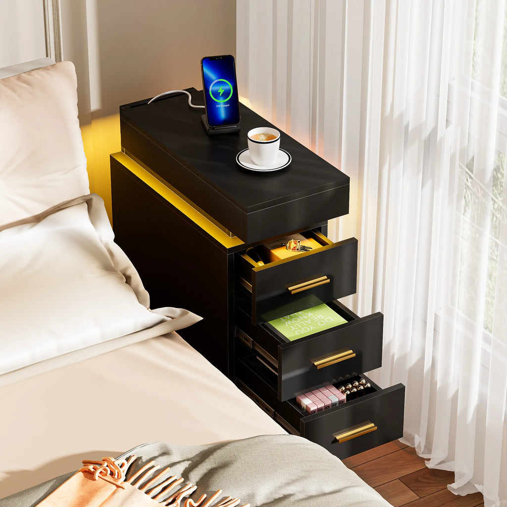 Table de nuit connecté avec station de charge et 3 tiroirs -