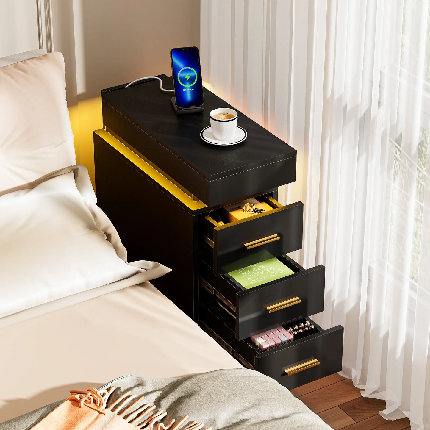 Table de nuit connecté avec station de charge et 3 tiroirs -