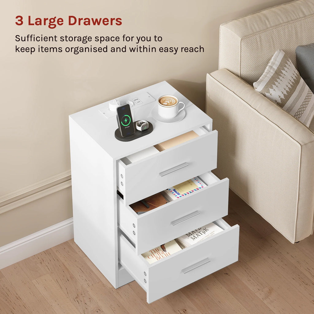 Table de chevet avec prise 3 tiroirs blanc -