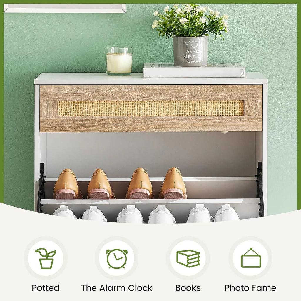 Meuble à chaussure dissimulé en rotin avec 2 portes abattables -