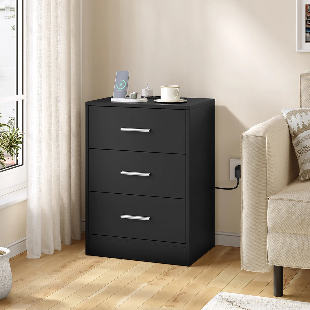 Table de chevet avec prise 3 tiroirs blanc -