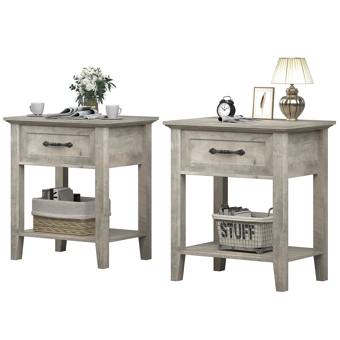 Table de chevet ancien 1 tiroir - Gris-2pcs Table de chevet
