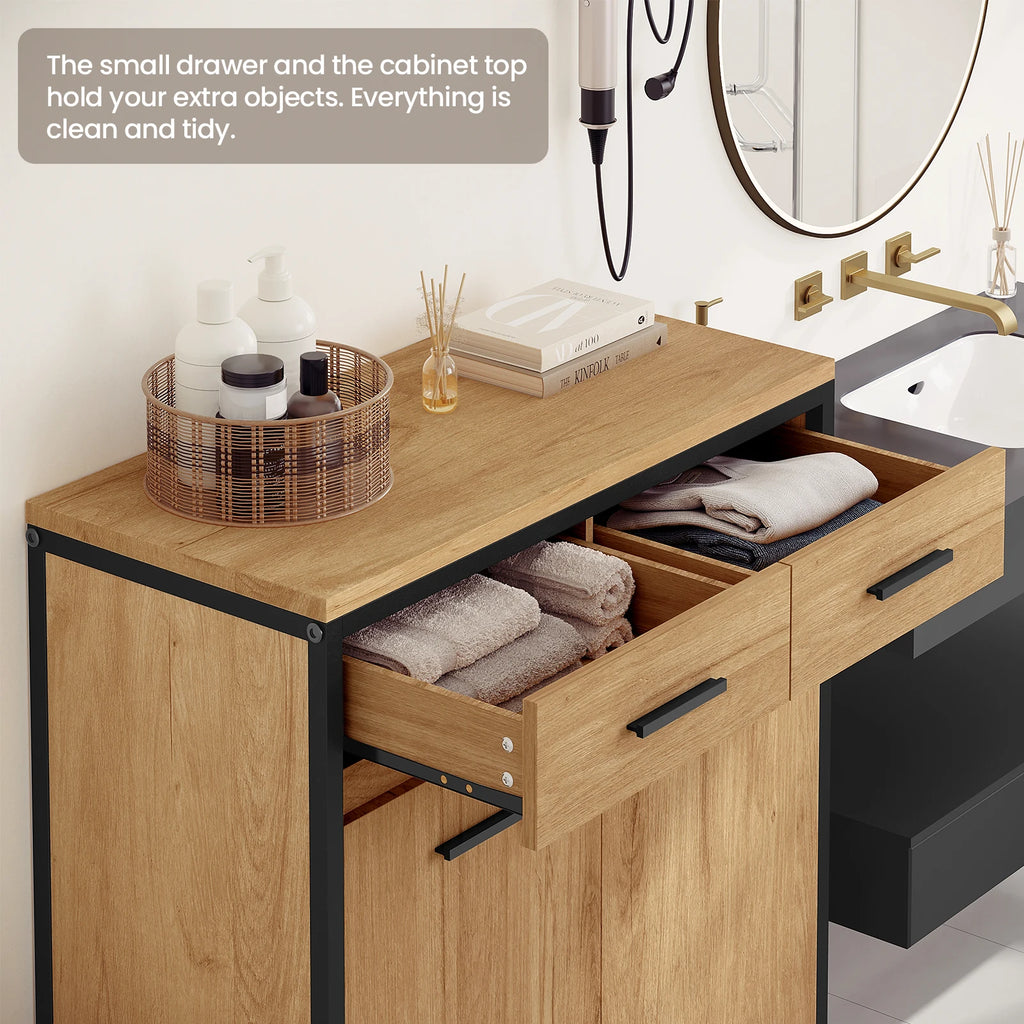 Meuble salle de bain bois foncé avec panier vêtements -