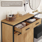 Meuble salle de bain bois foncé avec panier vêtements -