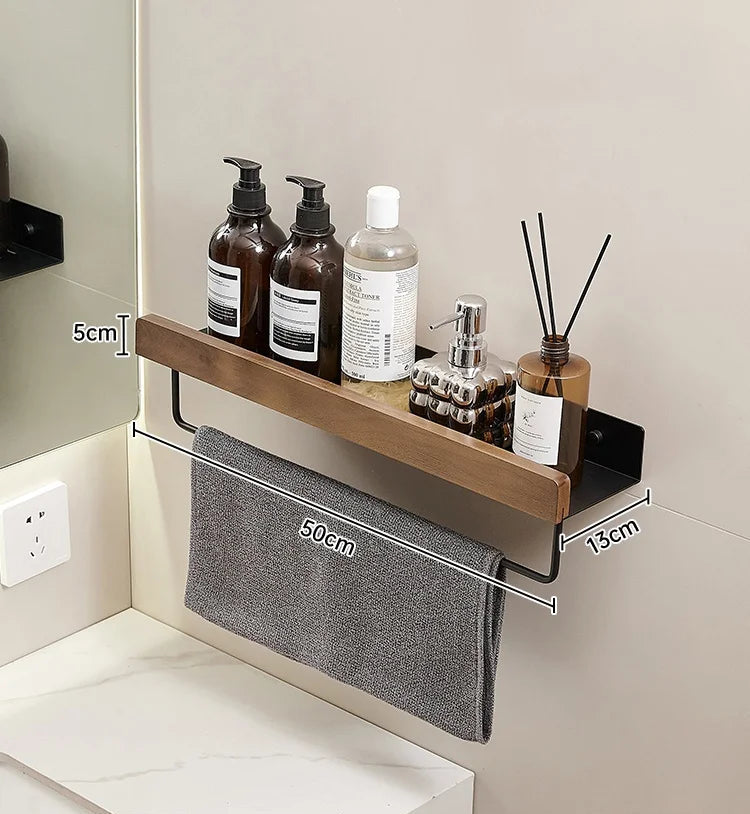 étagère murale bois pour salle de bain, lavabo et WC - Noir 50cm bar