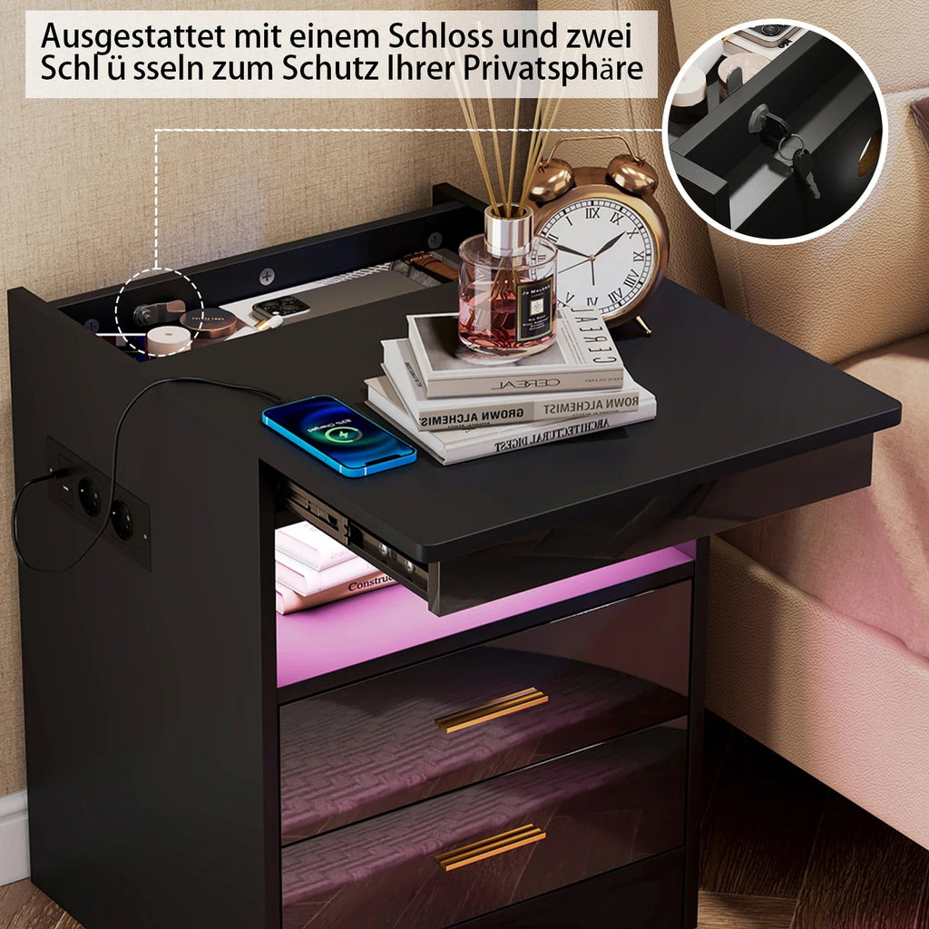 Table de chevet noir et bois avec prise -