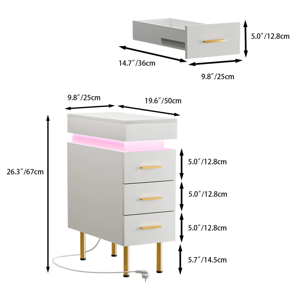 Table de nuit connecté avec station de charge et 3 tiroirs - Blanc Table de nuit