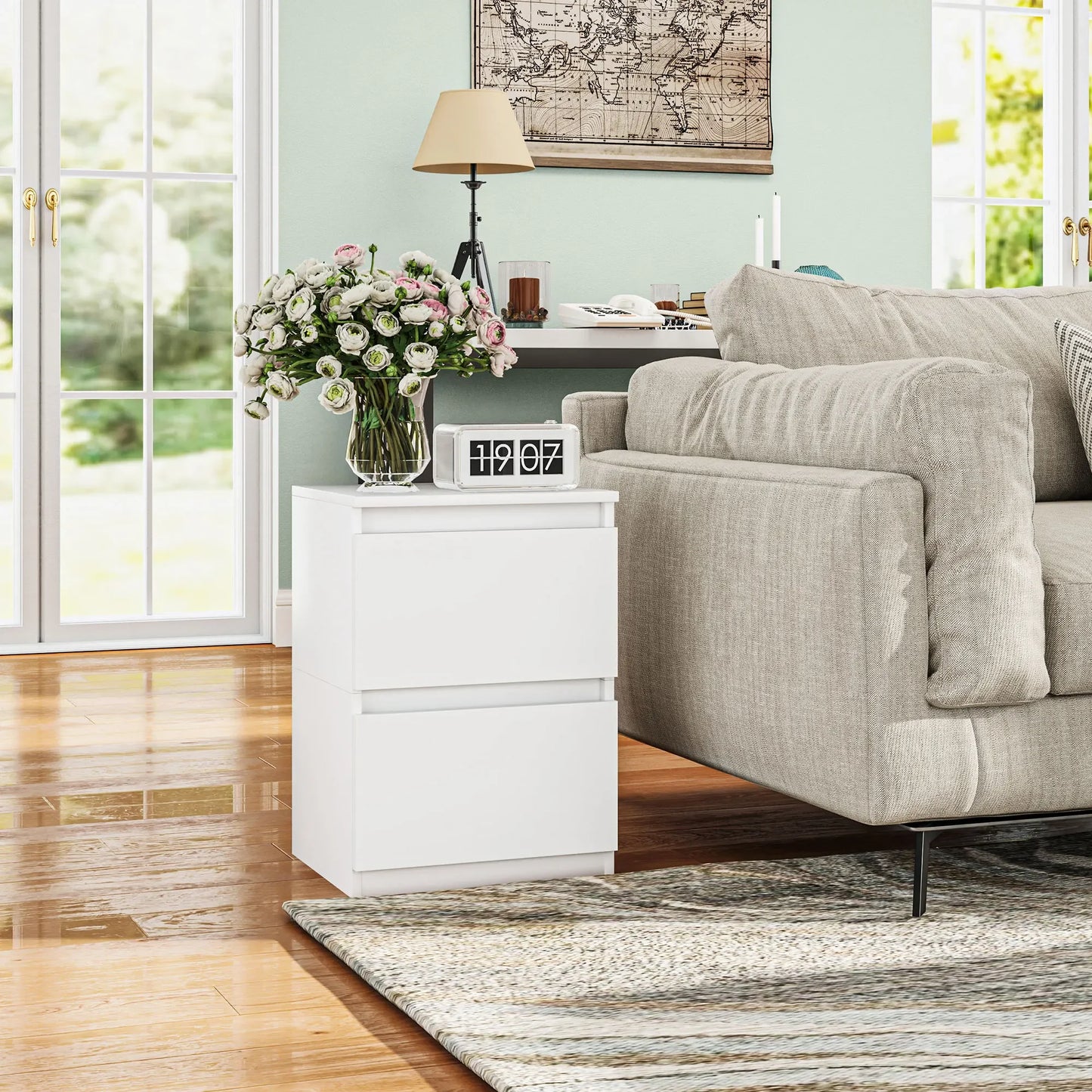 Table de chevet à 2 tiroirs blanche , 40x32x56cm -