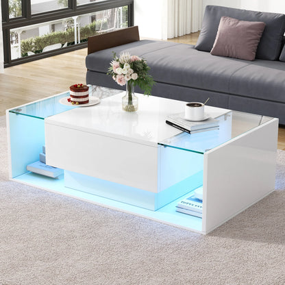 Table basse bois blanche et verre + led lumineux -