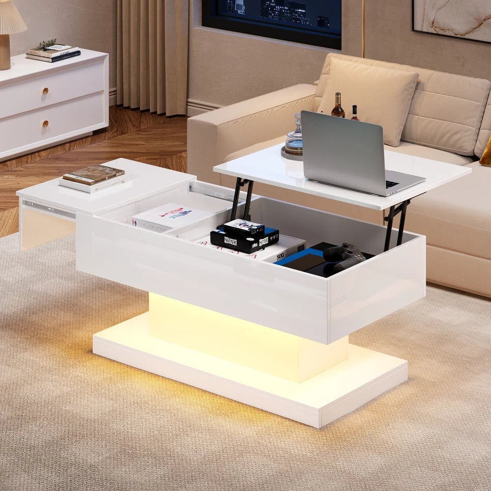 Table basse design blanc avec éclairage LED 100x50x45 Cm -