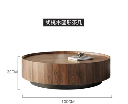 Table basse bois flottant ronde avec tiroirs sur le coté -