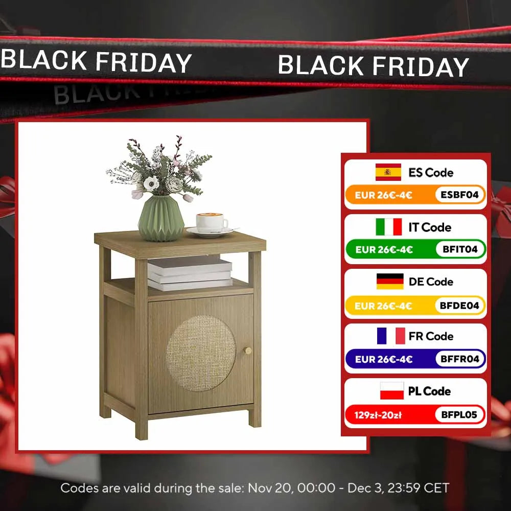 Table de nuit avec porte en rotin et étagère ouverte - 40X35X55 cm - Naturel 40 X 35 X 55 cm