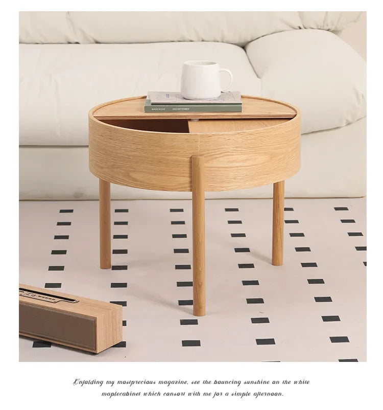 Table basse bois clair scandinave ronde avec rangement -