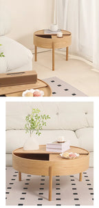 Table basse bois clair scandinave ronde avec rangement -