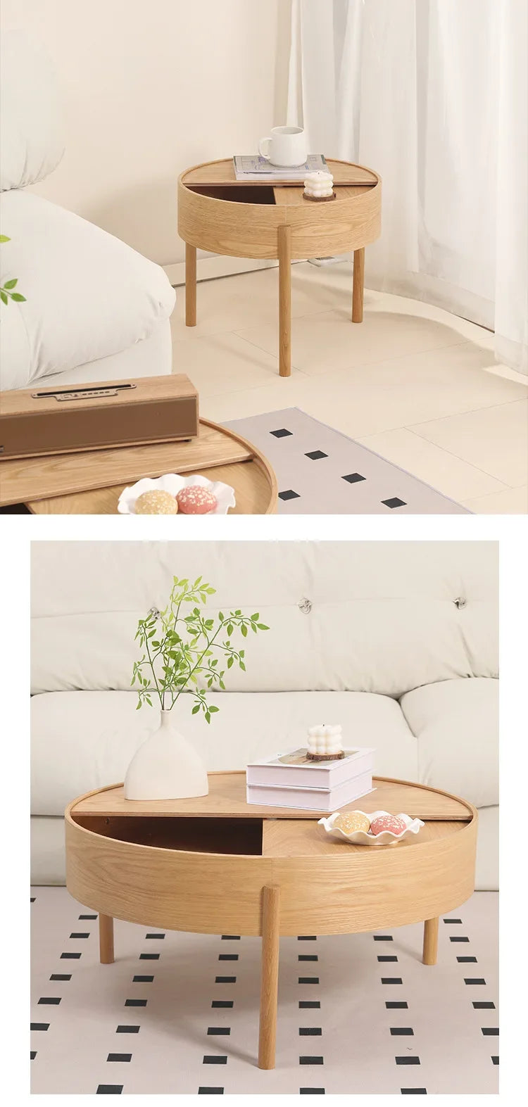 Table basse bois clair scandinave ronde avec rangement -