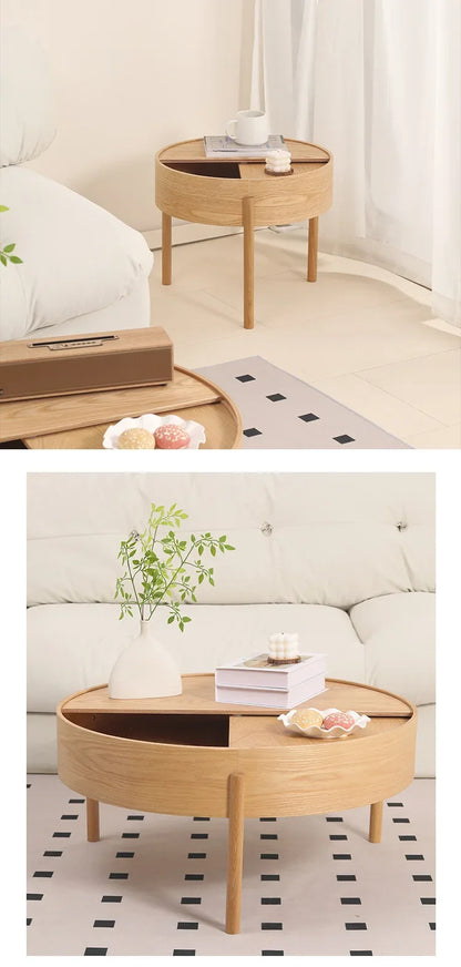 Table basse bois clair scandinave ronde avec rangement -