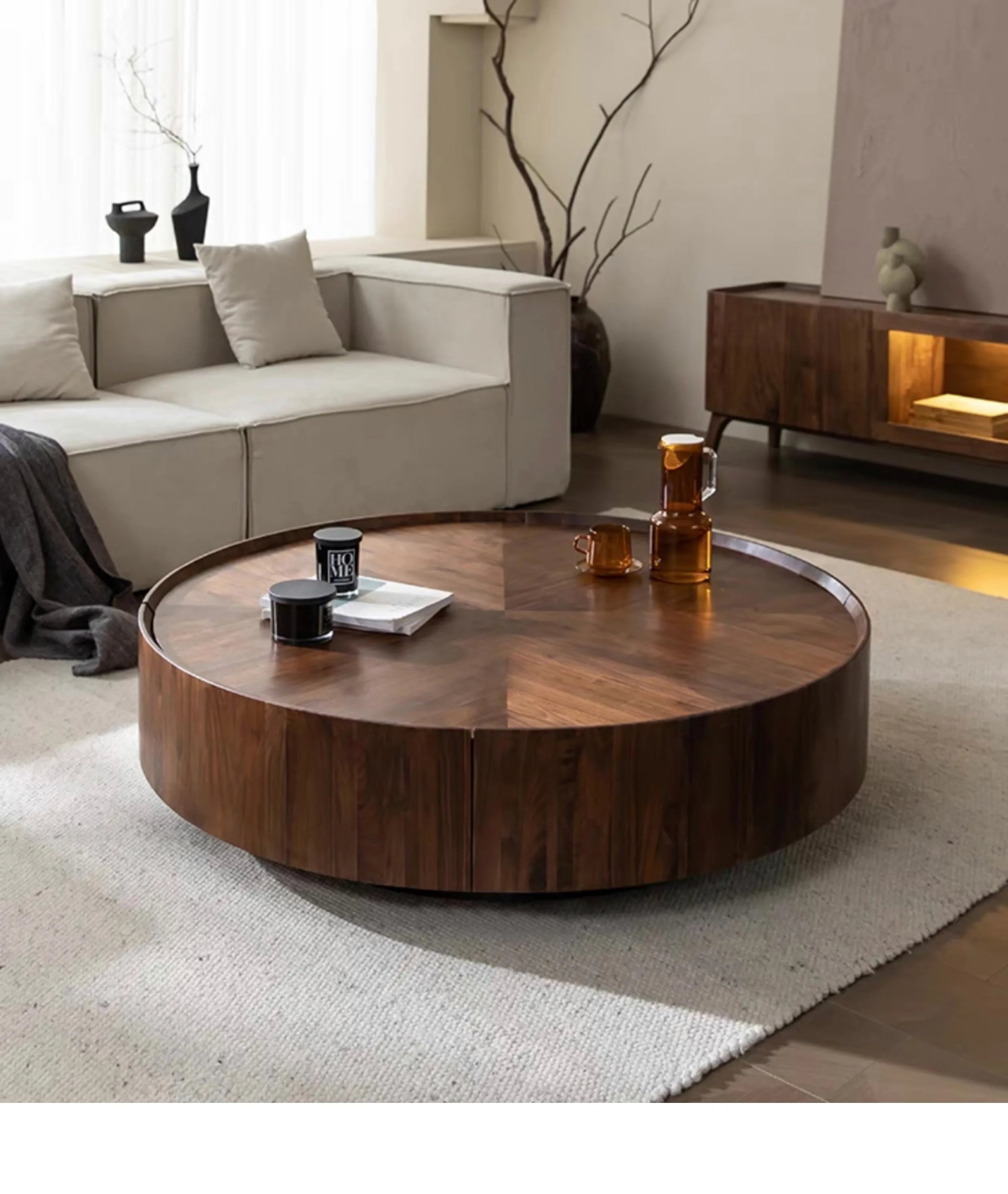 Table basse bois flottant ronde avec tiroirs sur le coté -