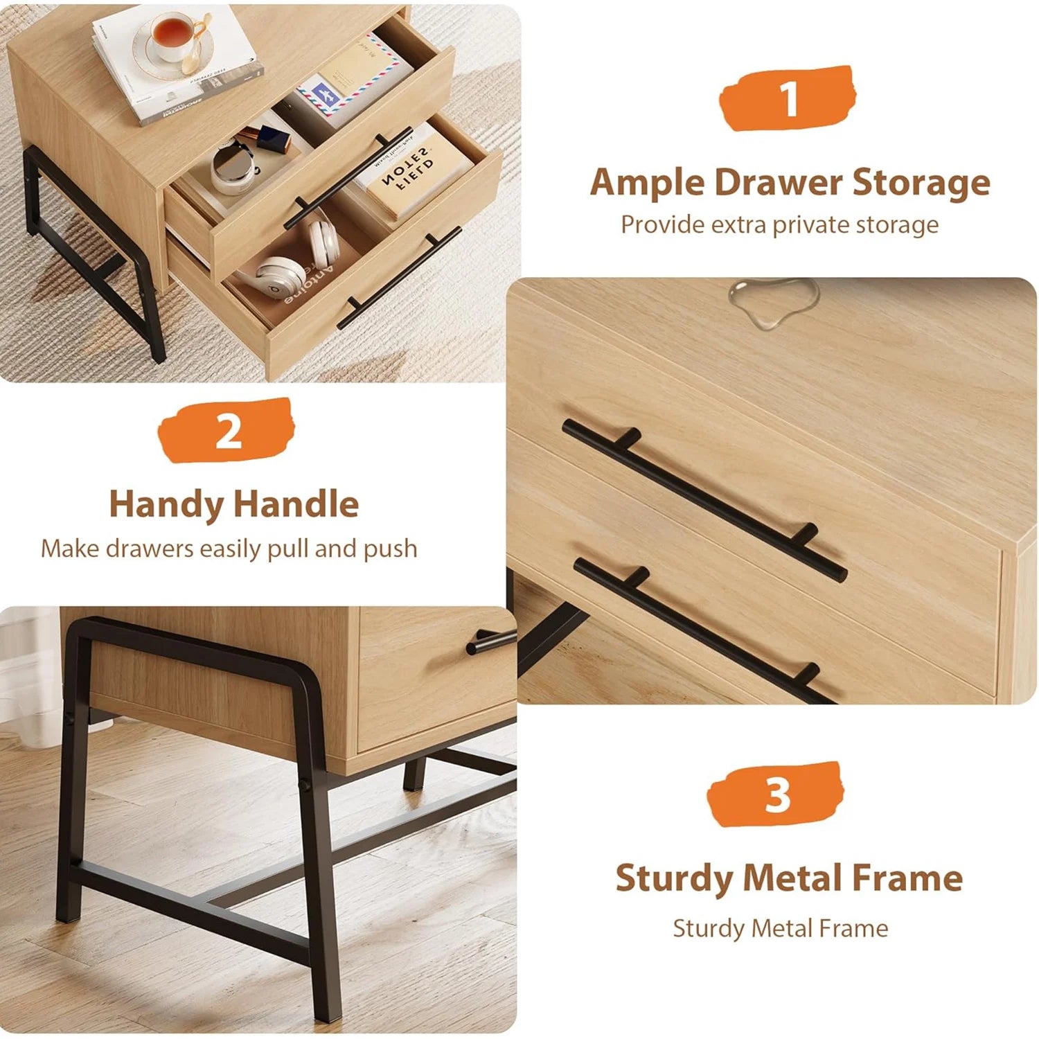 Table de chevet style campagnard 2 tiroirs -