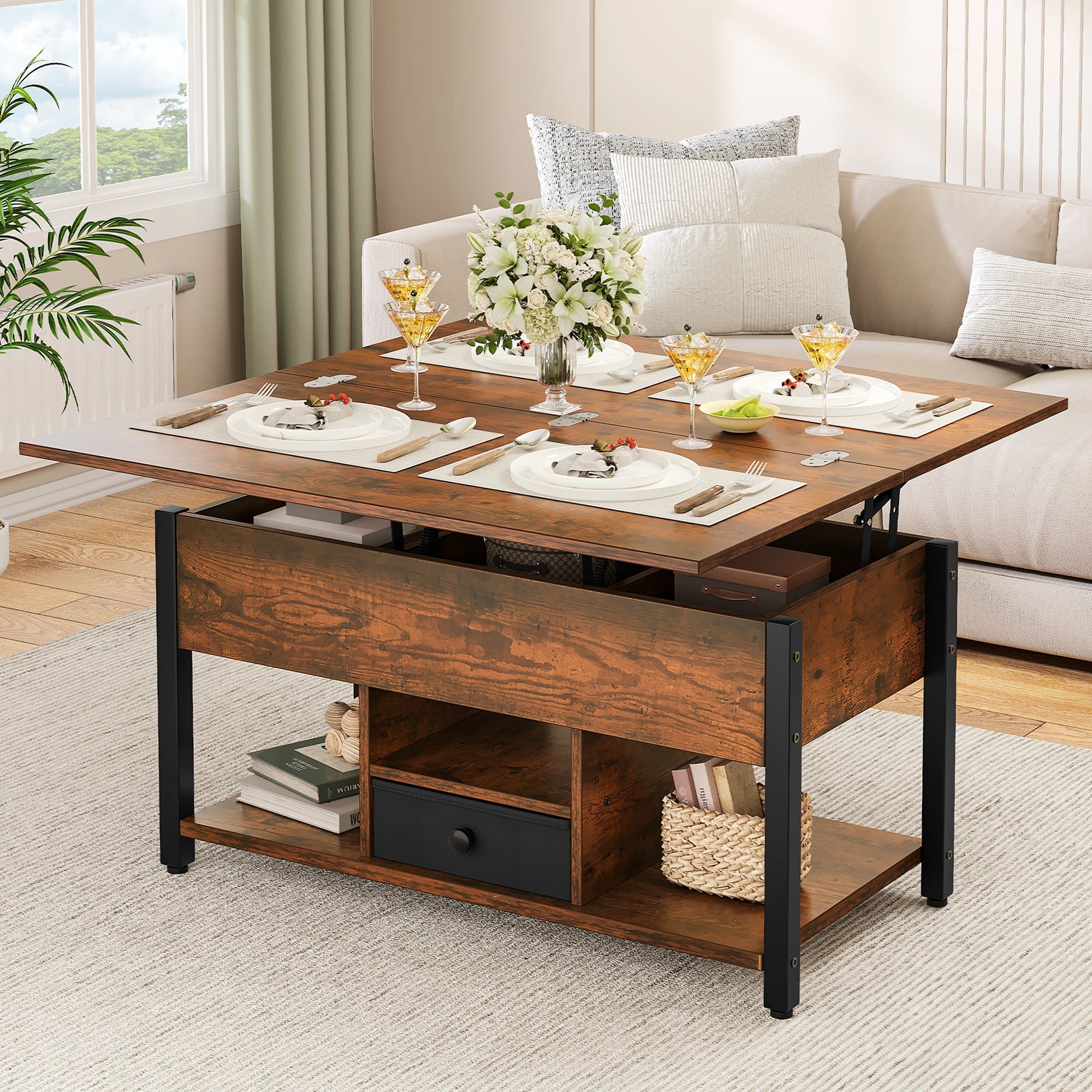 Table basse à manger convertible en bois -