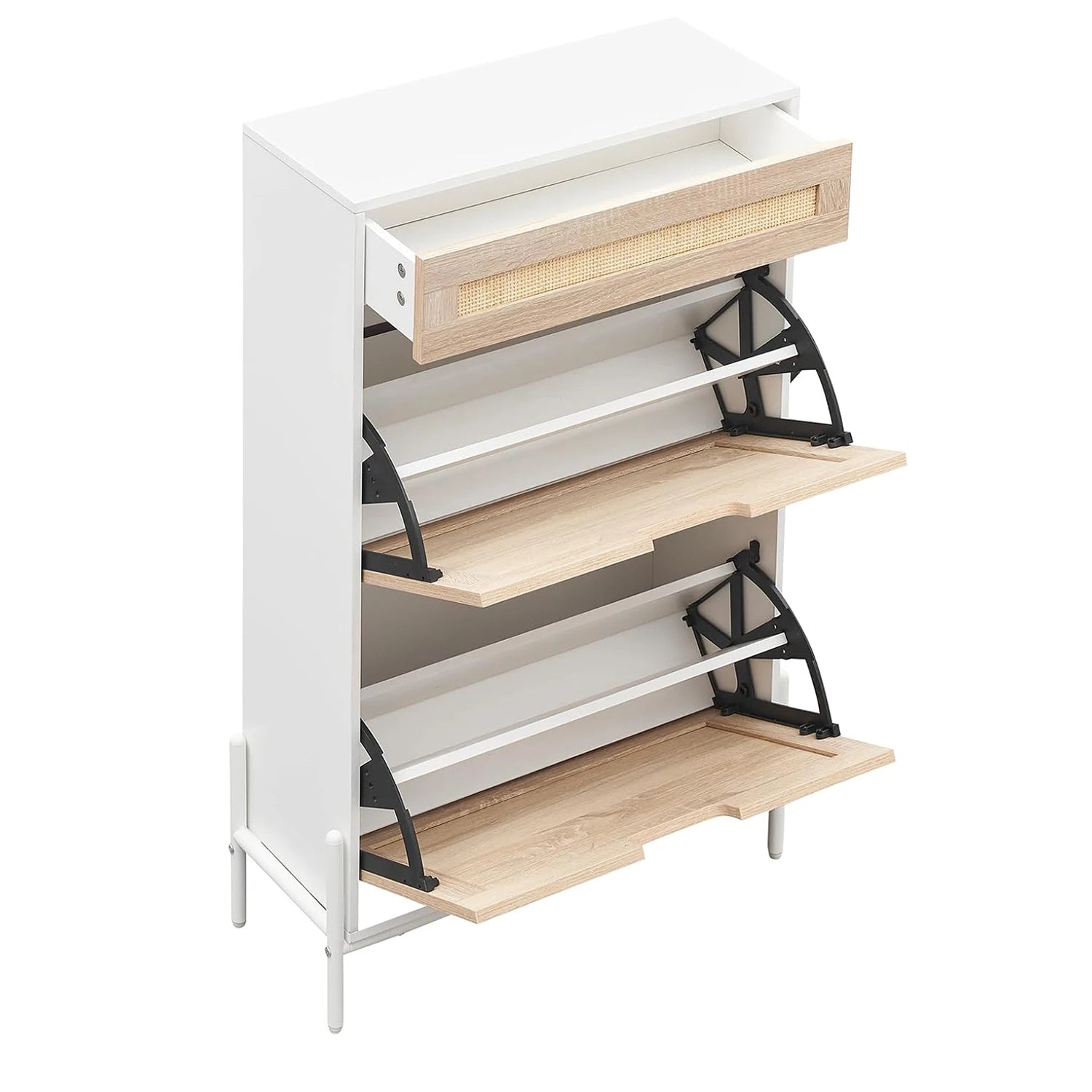 Meuble à chaussure dissimulé en rotin avec 2 portes abattables - Blanc Meuble à chaussure