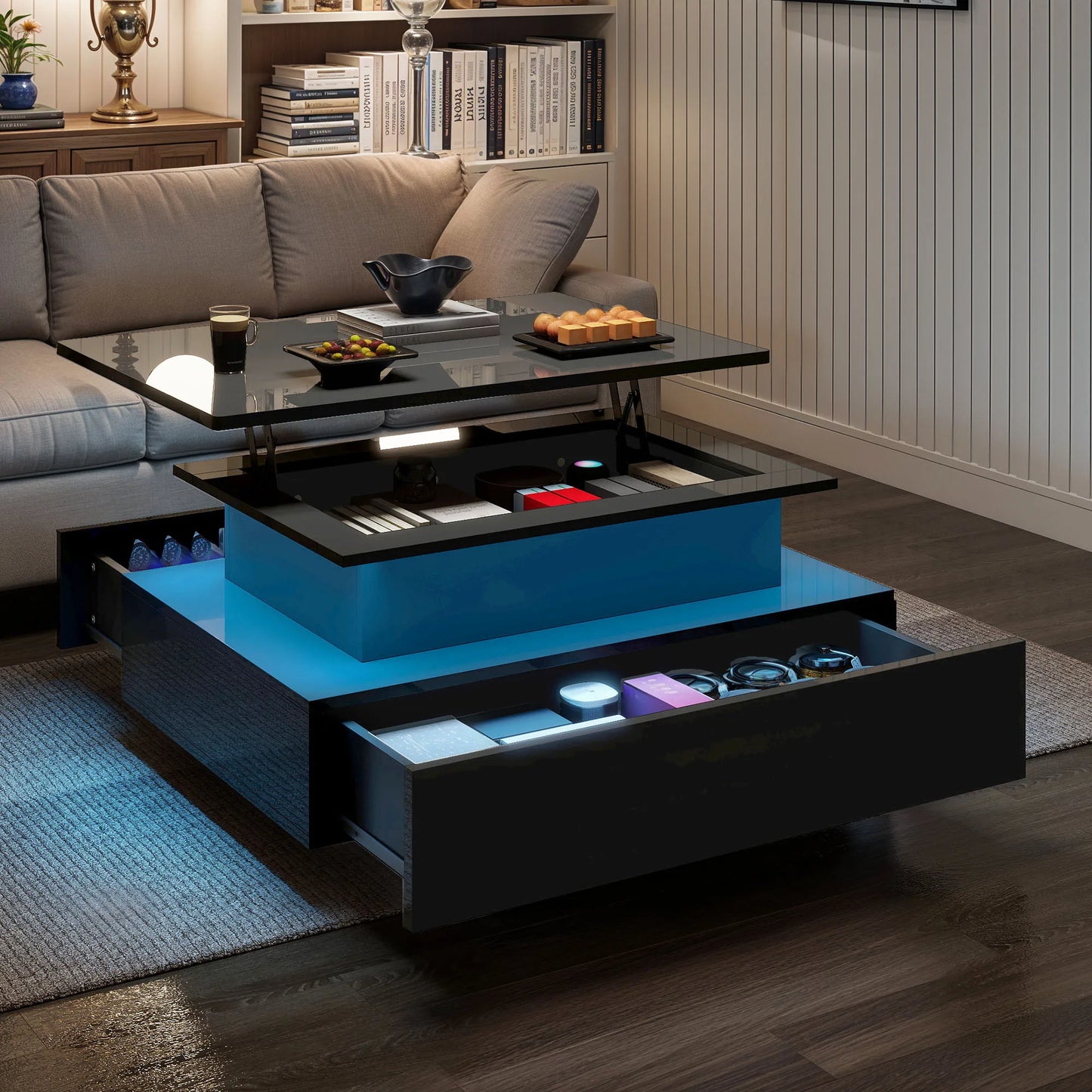 Table basse avec tiroir noir et led tendance - Noir Table basse