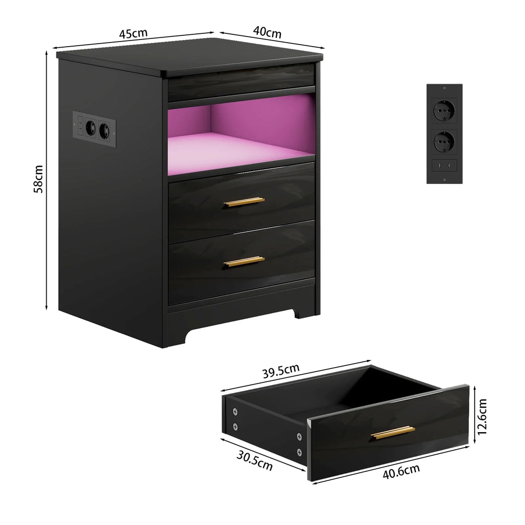 Table de chevet noir et bois avec prise - Table de chevet Noir