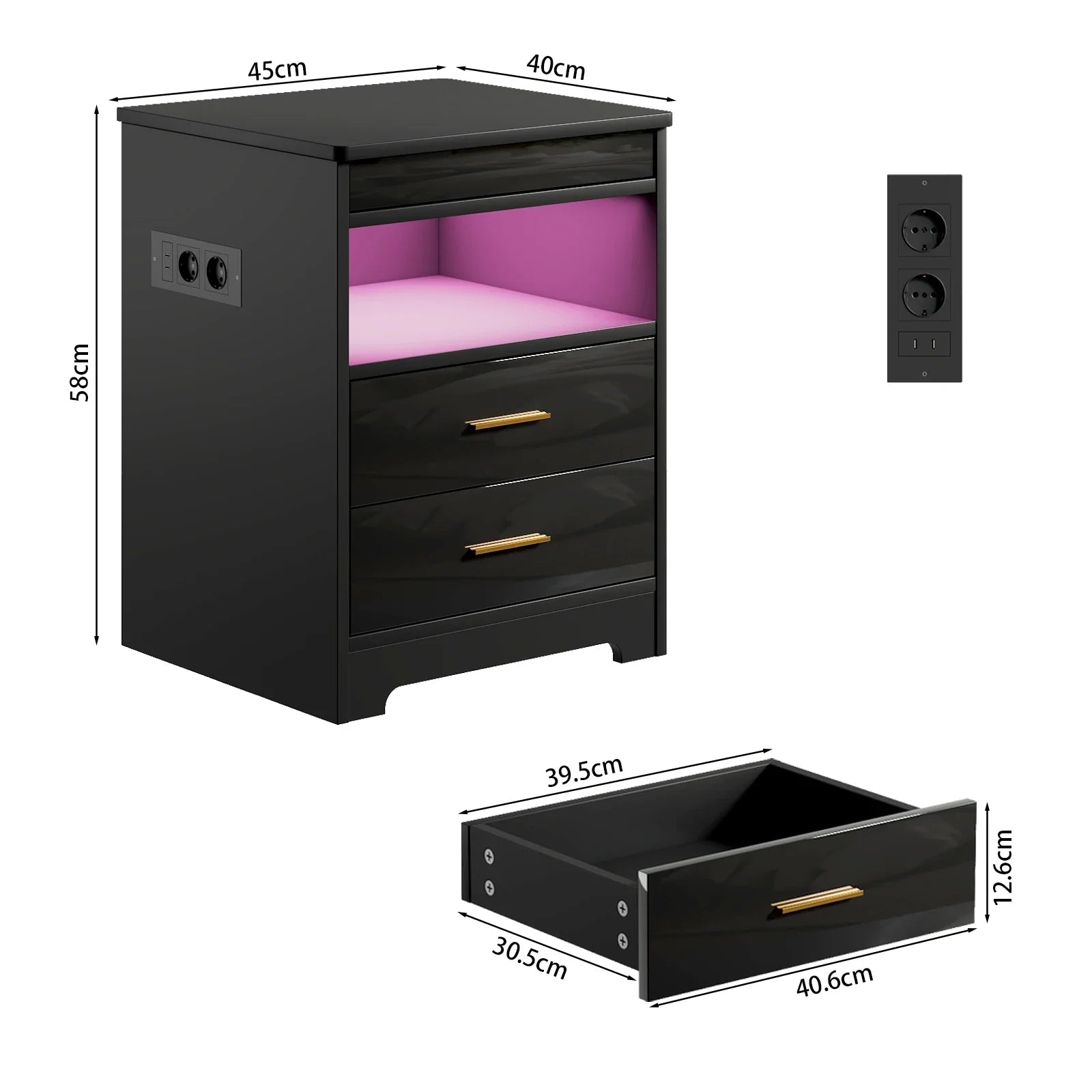 Table de chevet noir et bois avec prise - Table de chevet Noir