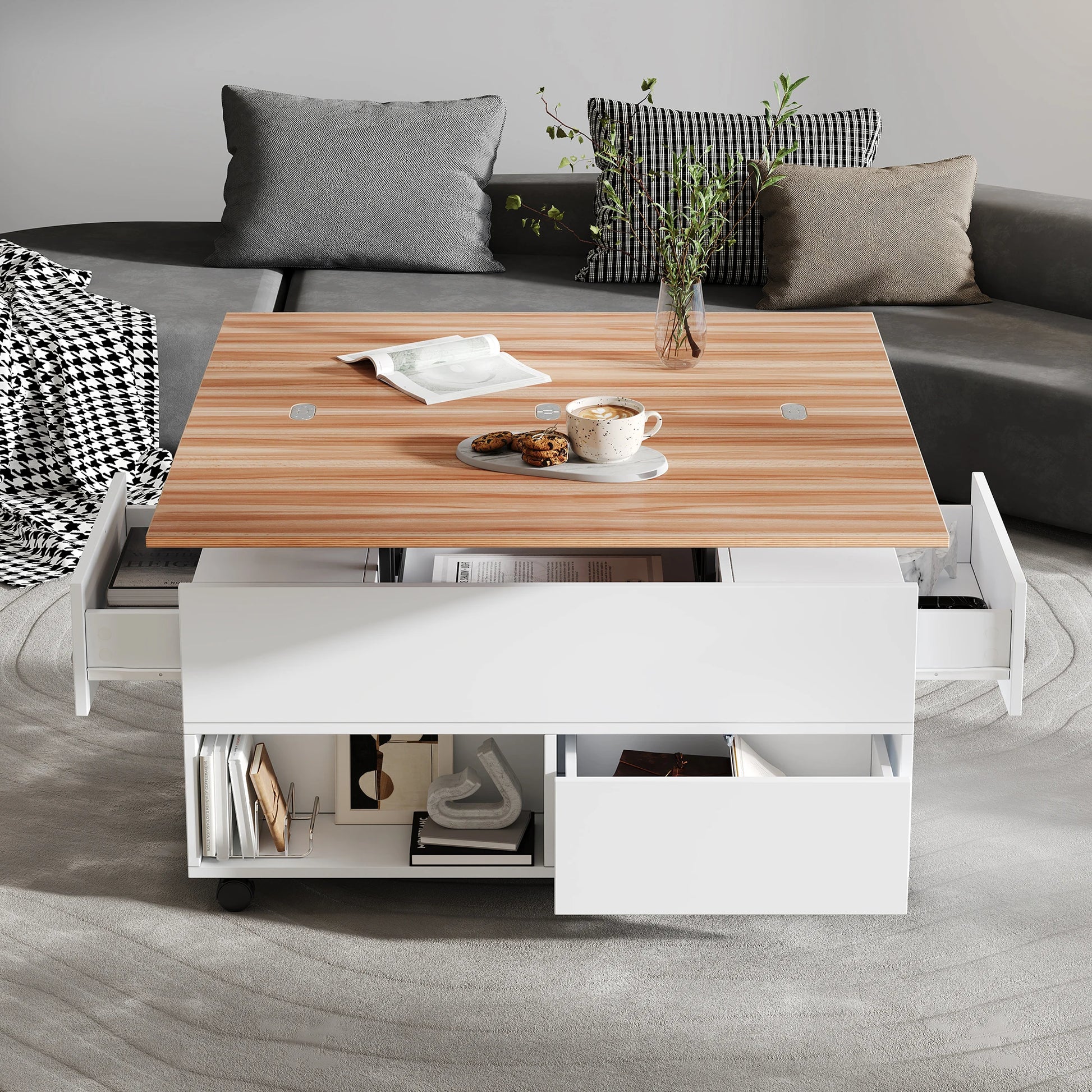 Table basse bois avec tiroirs rectangulaire et plateau soulevable -