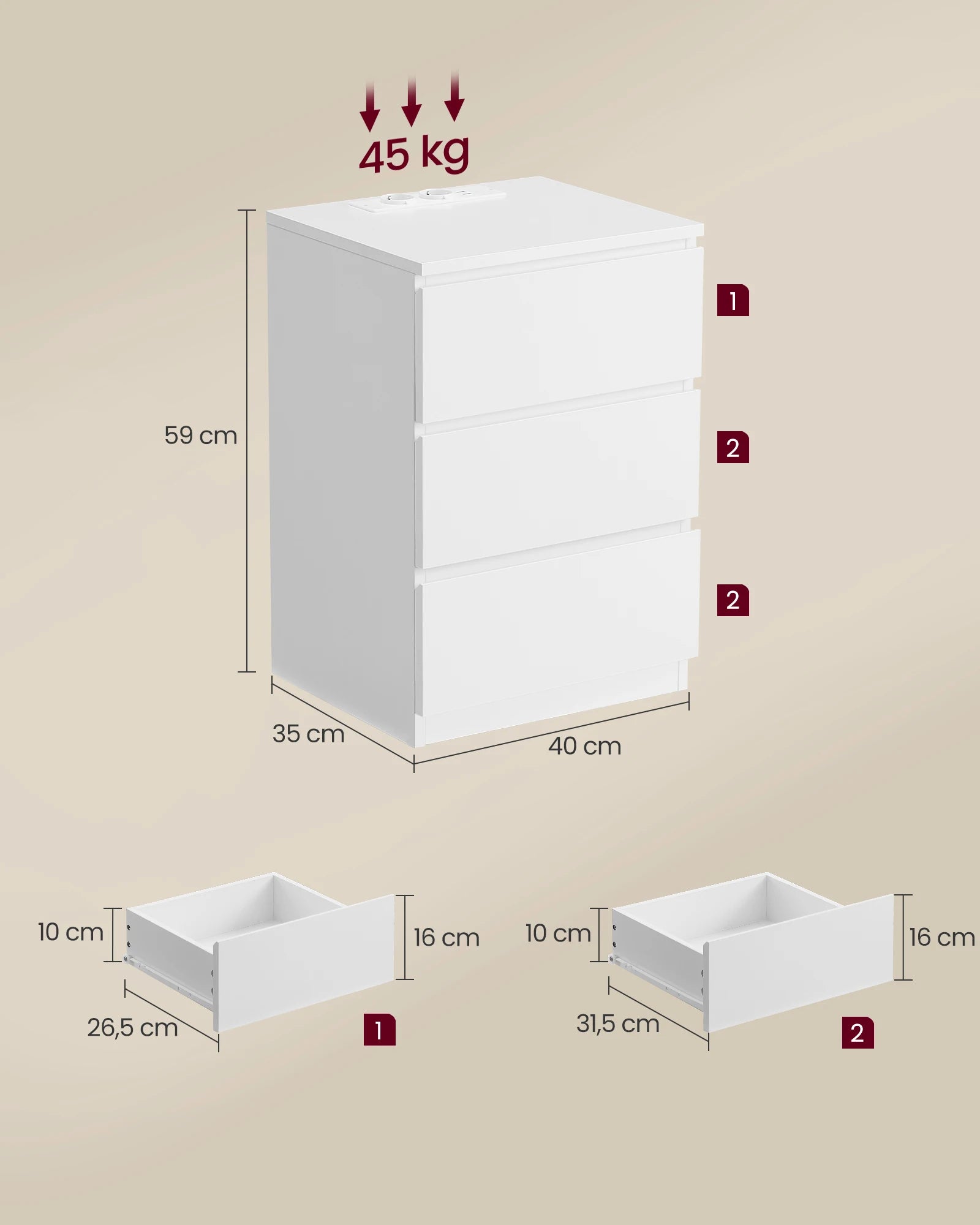 Table de chevet blanche à 3 tiroirs moderne -