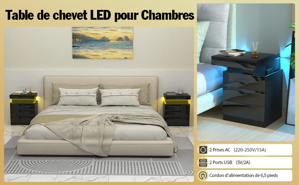 Table de Chevet design noir avec 3 Tiroirs et LED -