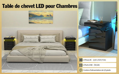 Table de Chevet design noir avec 3 Tiroirs et LED -