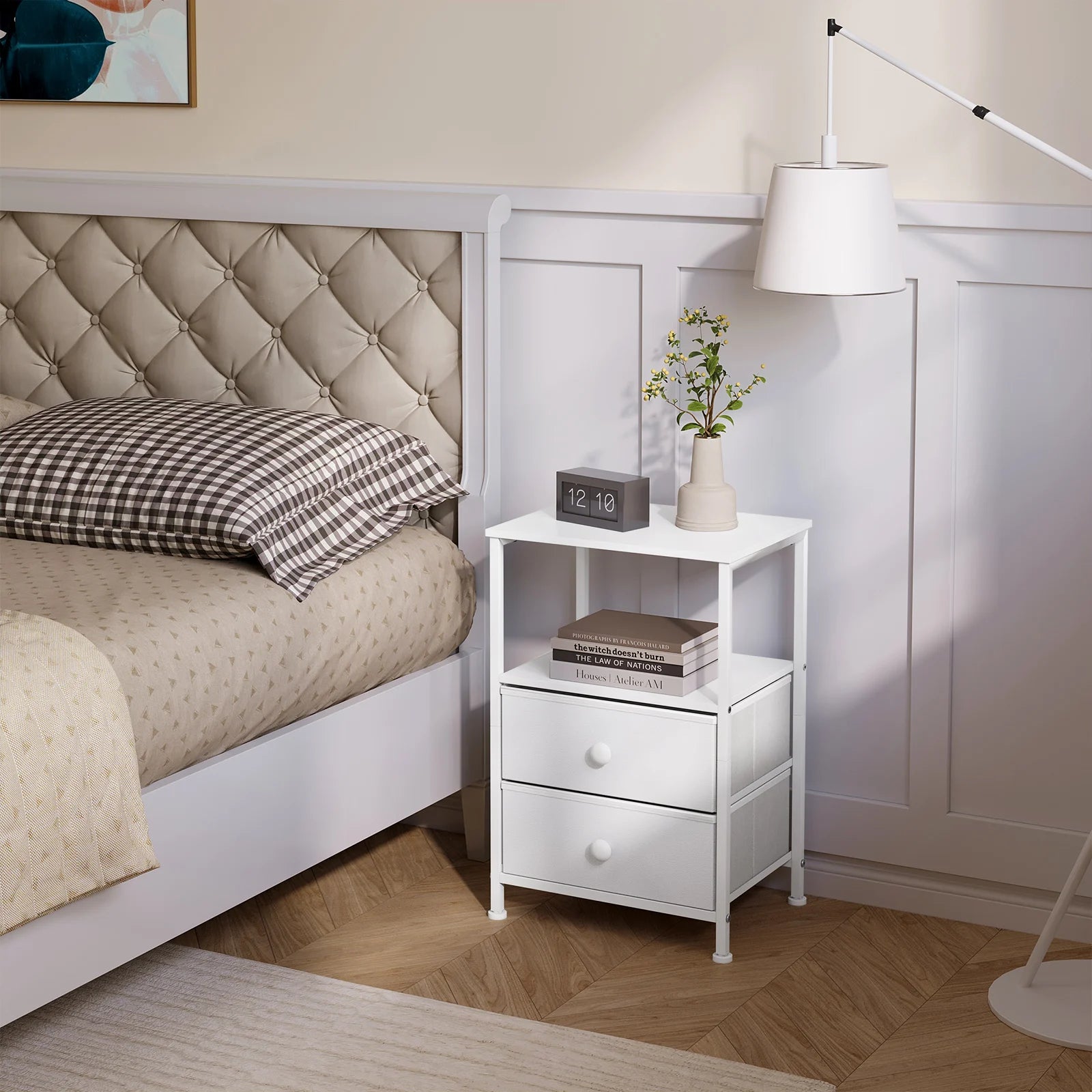 Table de nuit compartiment ouvert blanc avec tiroirs -