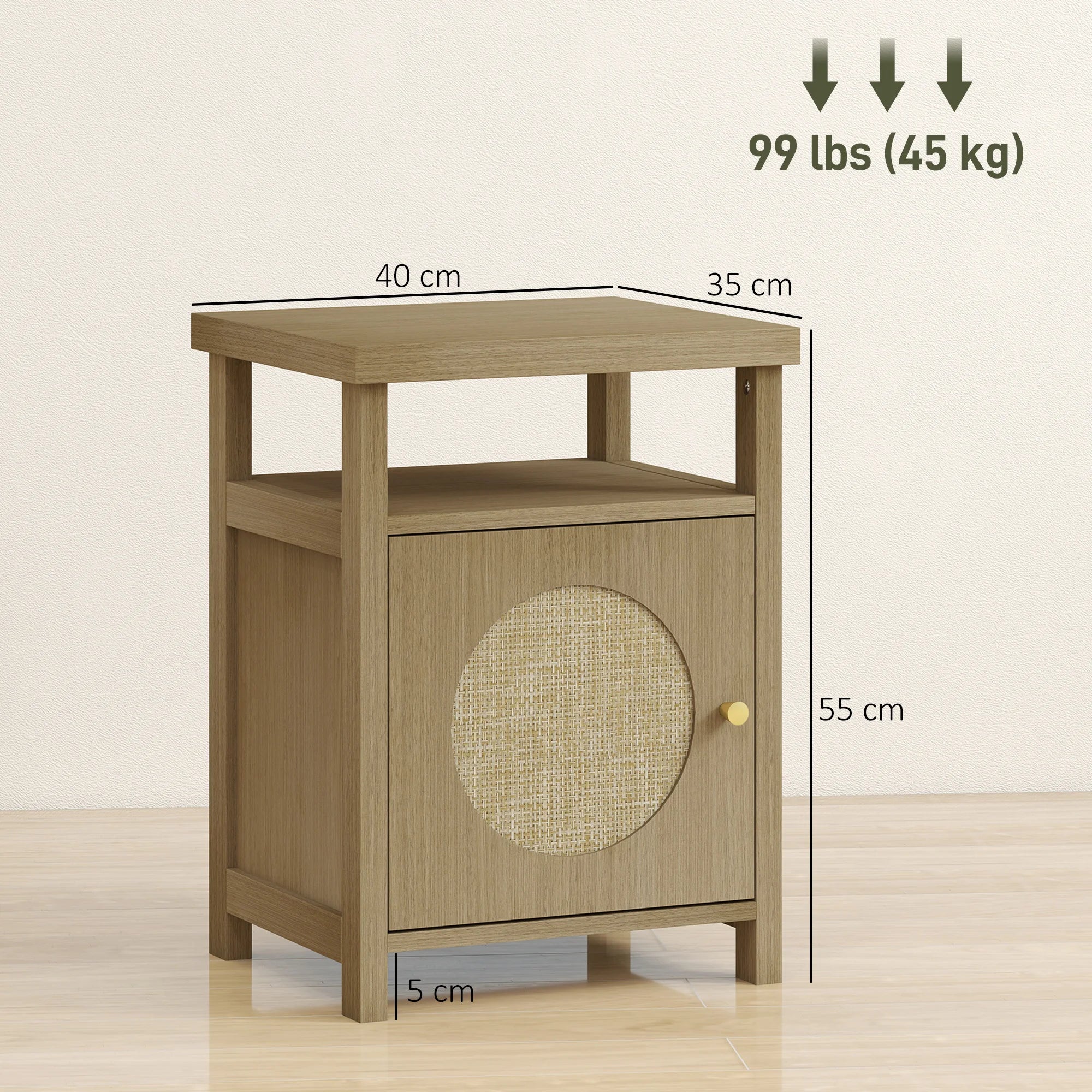 Table de nuit avec porte en rotin et étagère ouverte - 40X35X55 cm -