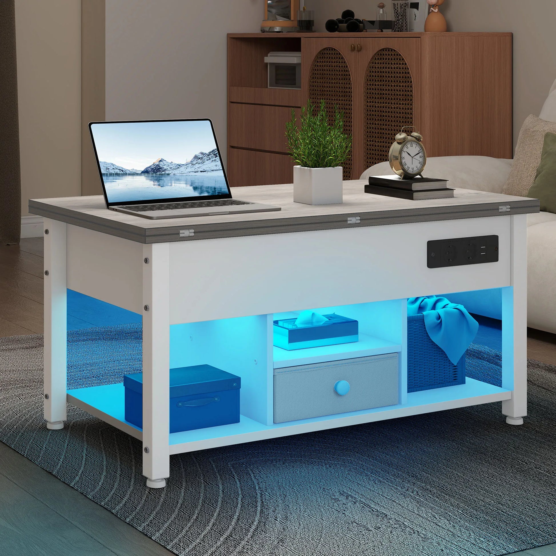 Table basse grise et blanche 4 en 1 transformable -
