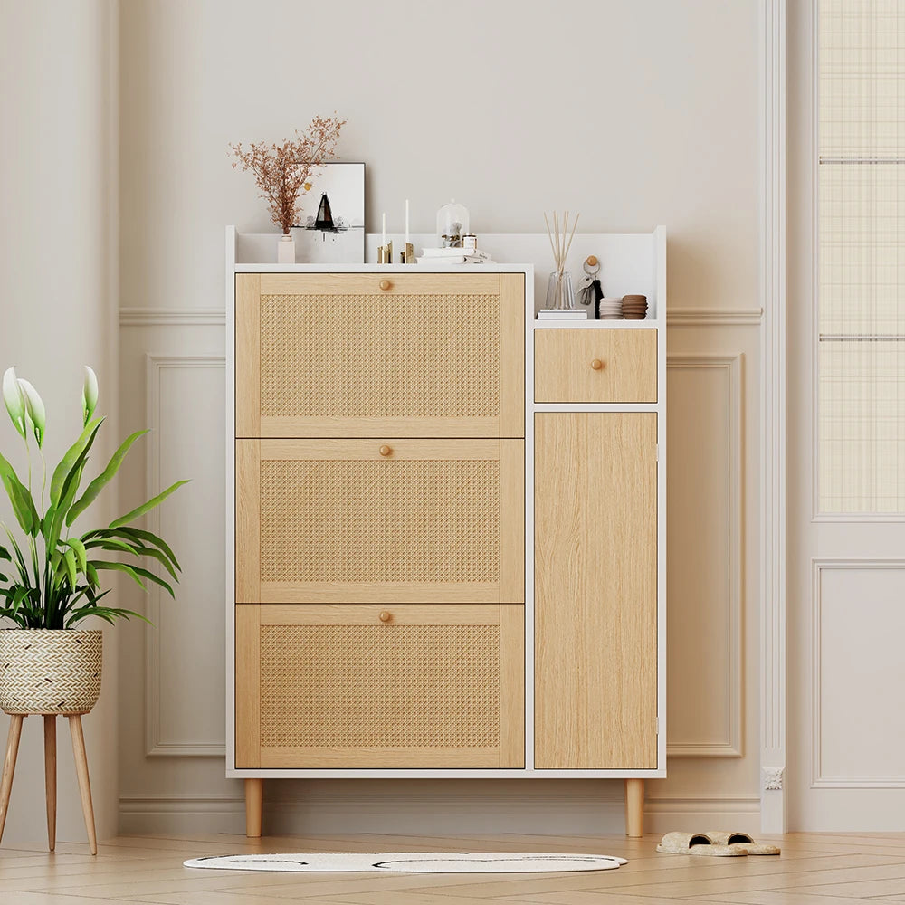 Meuble à chaussure en rotin pour entrée étroite - Blanc Meuble à chaussure