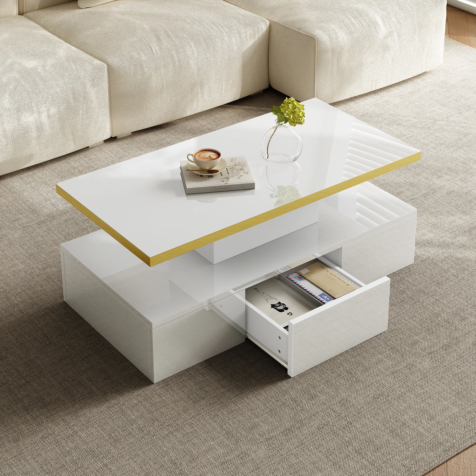 Table basse rectangulaire moderne et brillante avec éclairage LED -