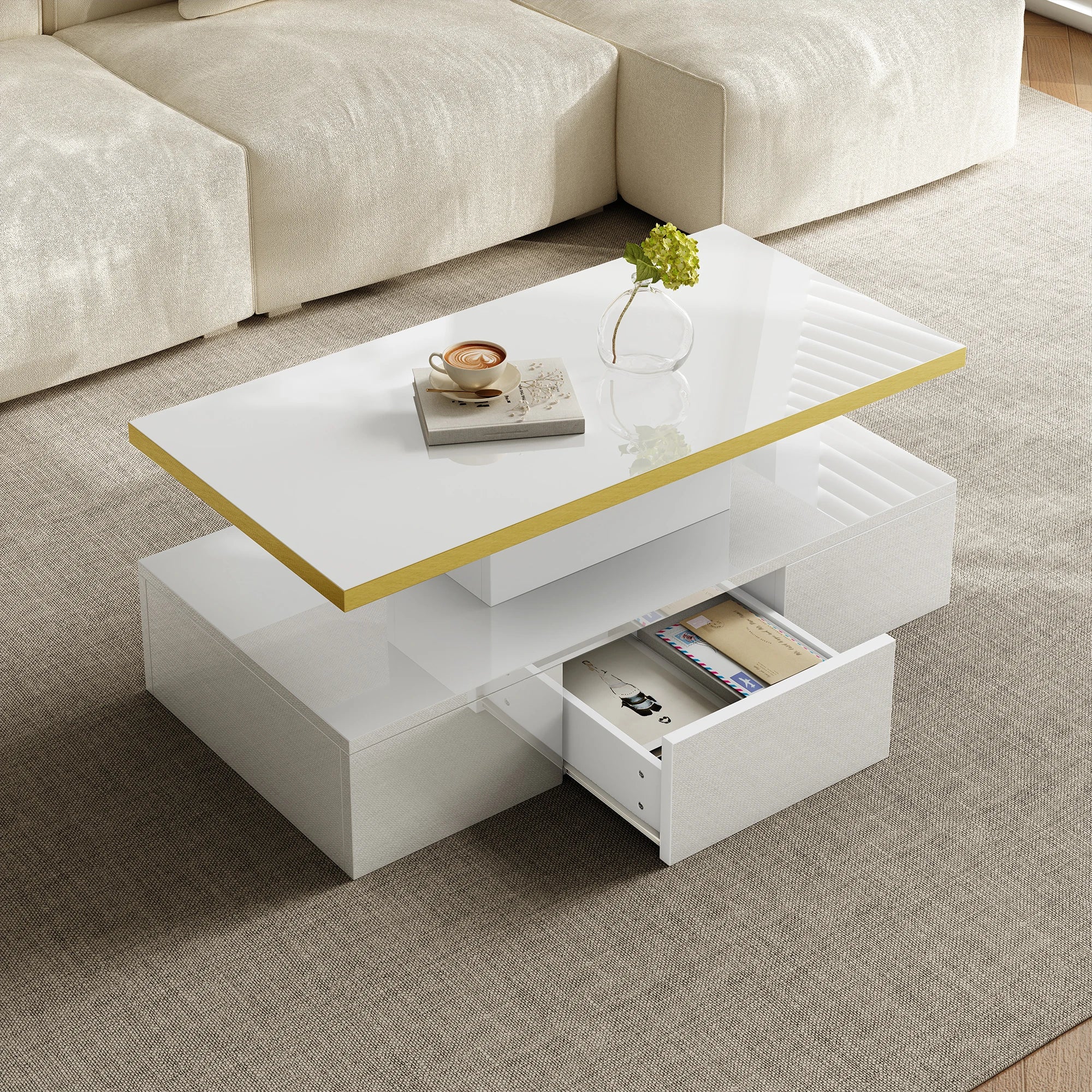 Table basse rectangulaire moderne et brillante avec éclairage LED -