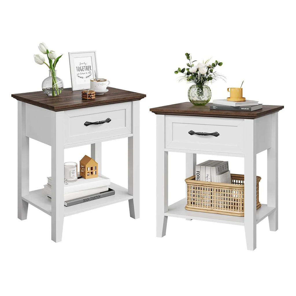 Table de chevet ancien 1 tiroir - Blanc-2pcs Table de chevet