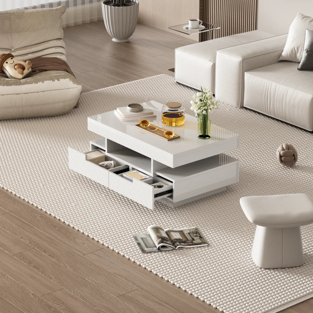 Table basse rectangulaire laquée avec tiroir et LED -