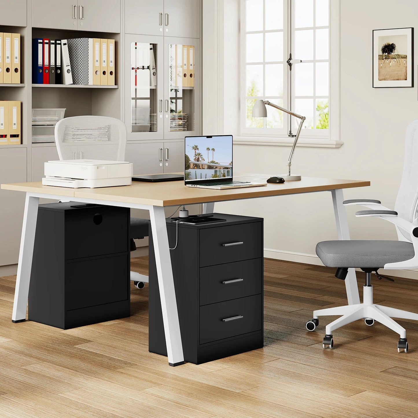 Table de chevet avec prise 3 tiroirs blanc -