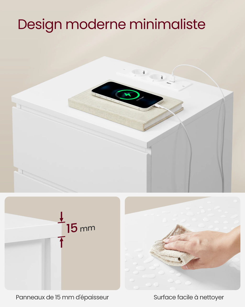 Table de chevet blanche à 3 tiroirs moderne -