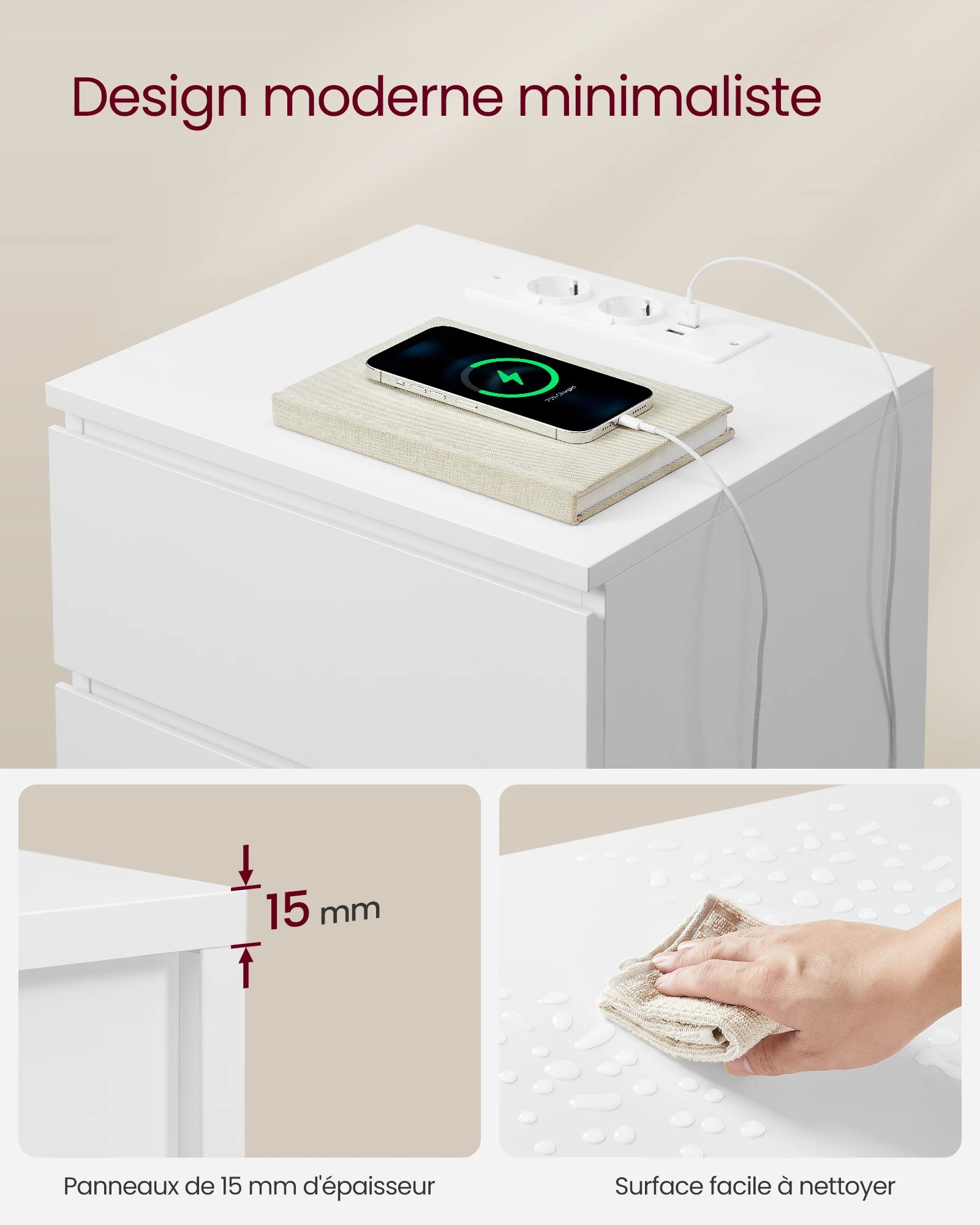 Table de chevet blanche à 3 tiroirs moderne -